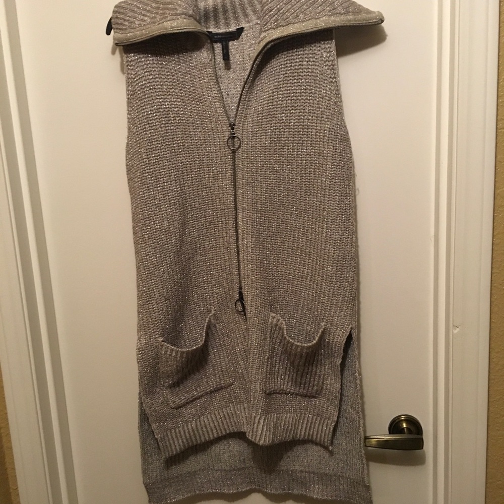 BCBG Light Gray Long Cardigan Sweater with Hood and Zipper